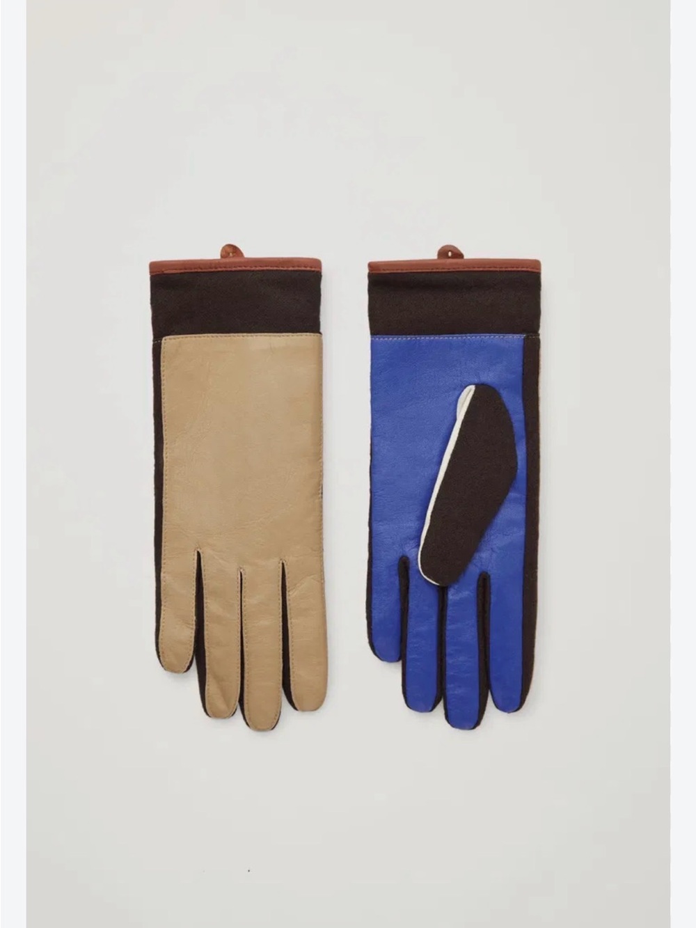 COS Two-Tone Leather Gloves in Beige, Blue and Brown